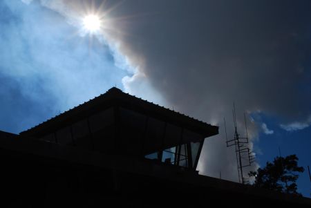 Halema`uma`u plume captures the sun in the early morning, creating a picturesque sight. Photograph by M. Poland
November 14, 2008